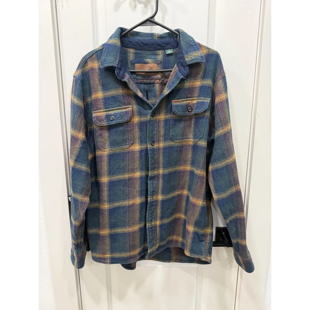 Orvis Mens Plaid Flannel Button Down Shirt Blue Green Orange Large Fleece Collar